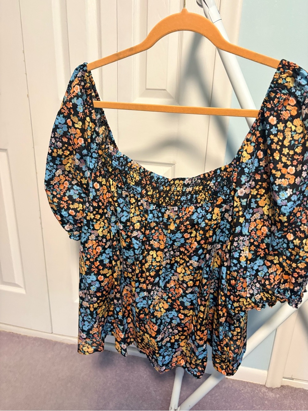 ANA Floral Puff-Sleeve Off-Shoulder Top - Black/Blue/Orange Size 2x